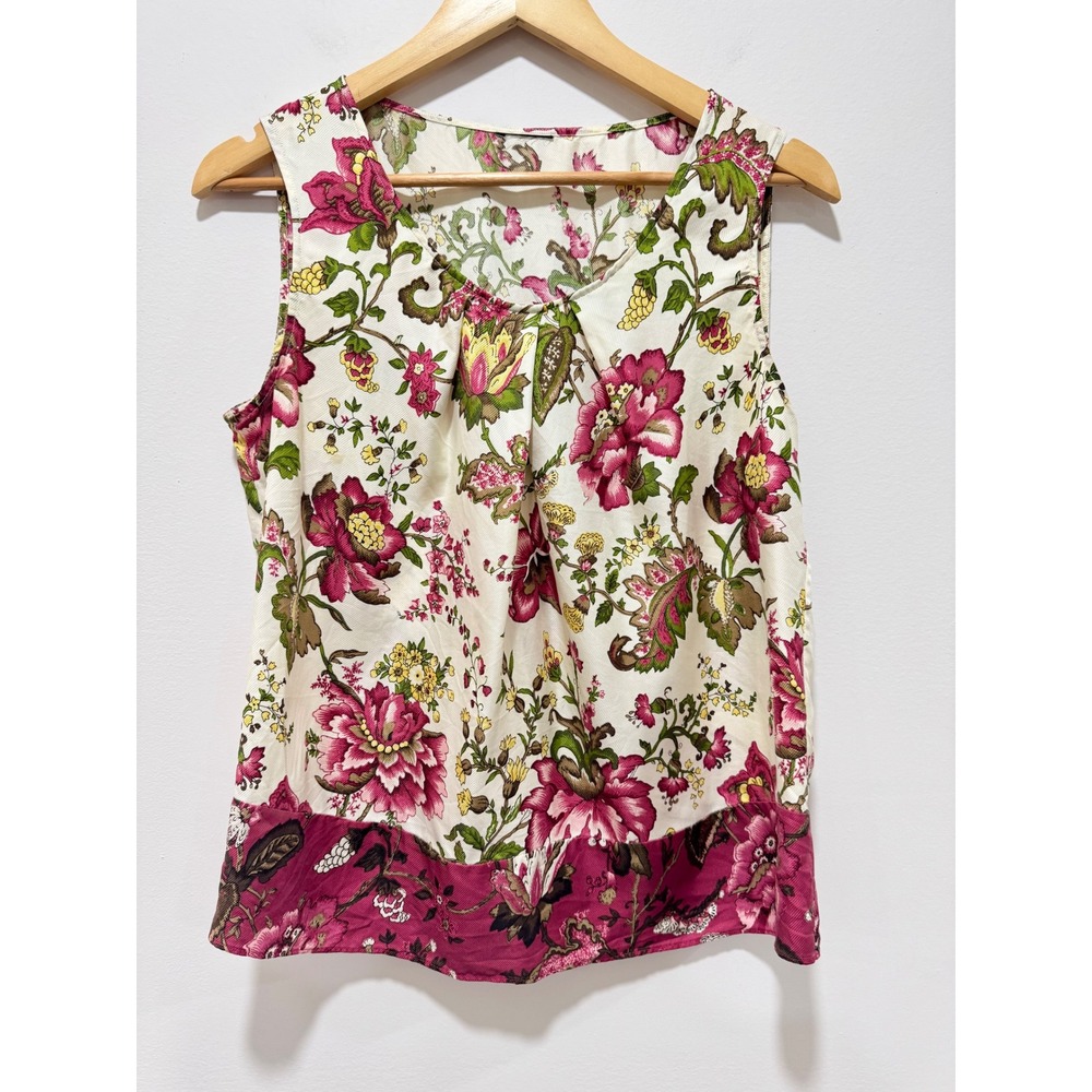 Talbots Silk Floral Sleeveless Blouse Magenta Ivory Botanical Pleated Top